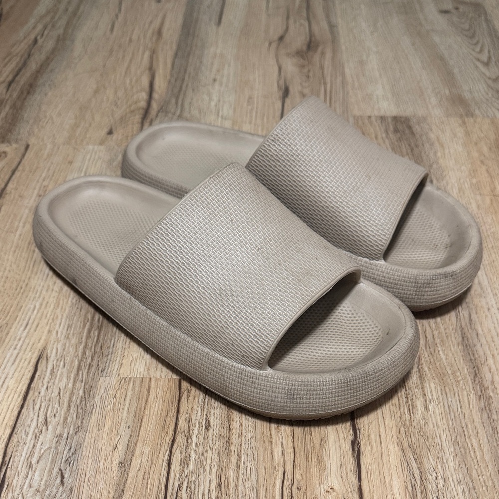 Beige Textured Slide Sandals